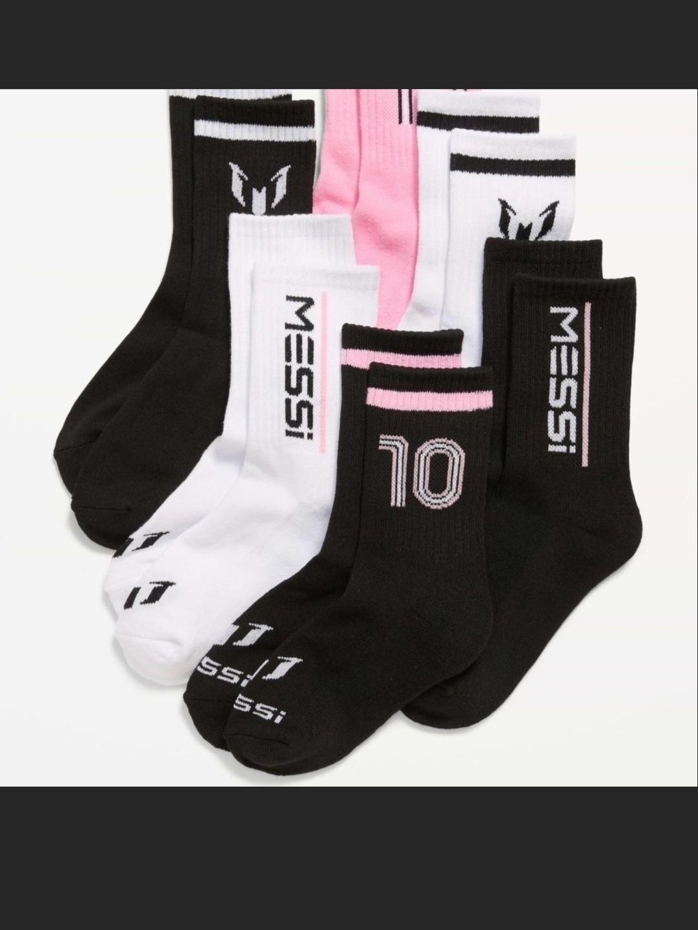 Kids 6-Pack Cushioned Crew Socks - Black, White & Pink, 3Y-5Y